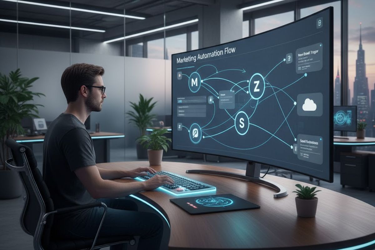 Uma pessoa programando um fluxo n8n no computador