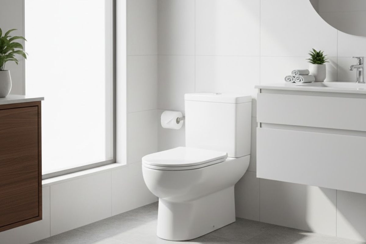 Imagem de um vaso limpo em um banheiro branco