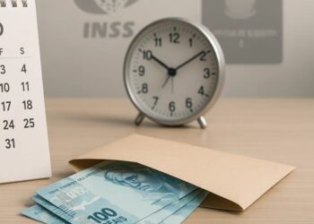 Um pacote com valor referente ao 13º salário em frente a um relógio