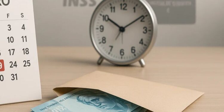 Um pacote com valor referente ao 13º salário em frente a um relógio