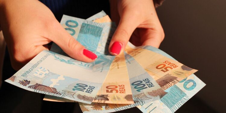 Uma pessoa com notas de R$ 50,00 e R$ 100,00 do salário mínimo em sua mão