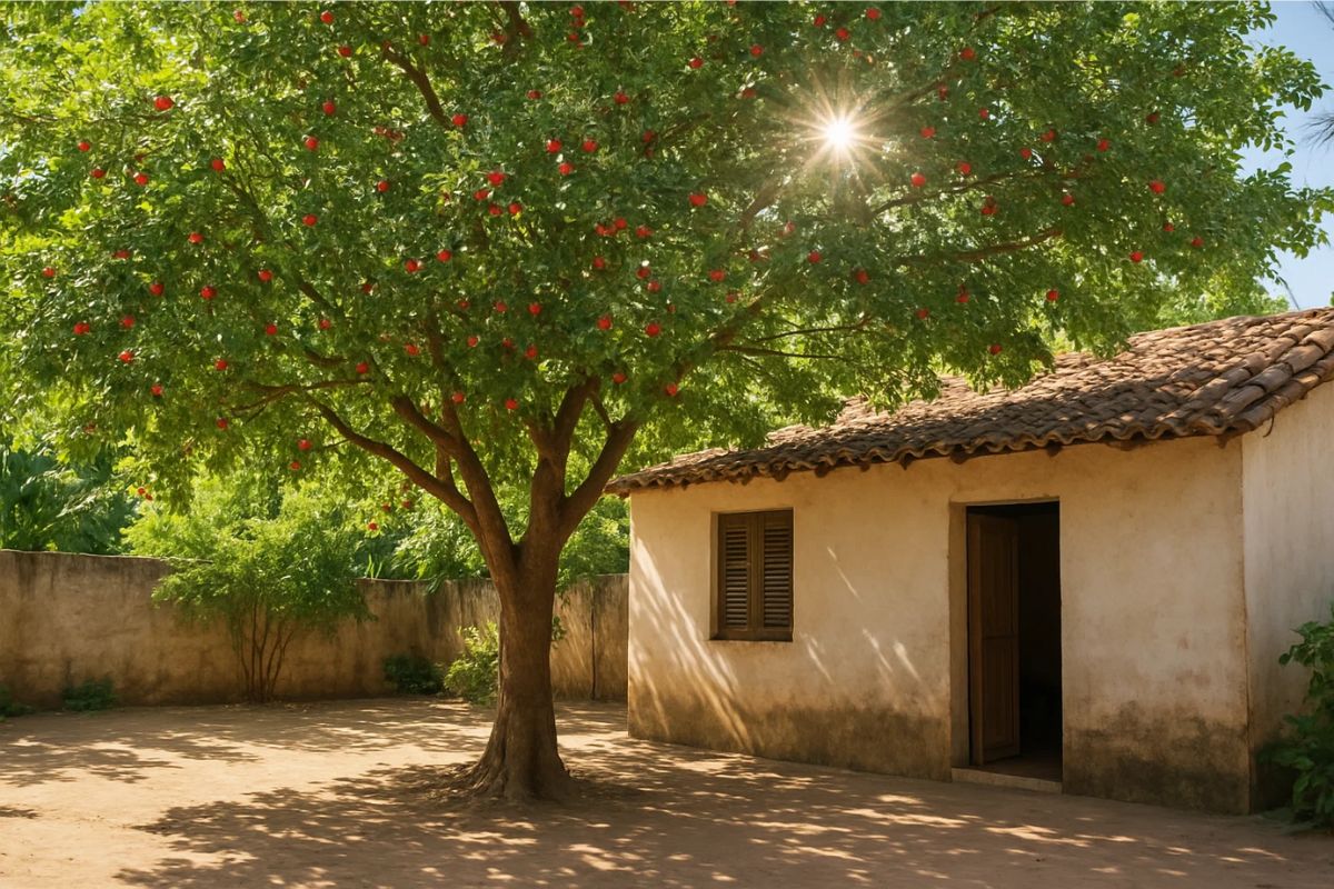 Aceroleira em frente a uma casa gerando sombra no quintal