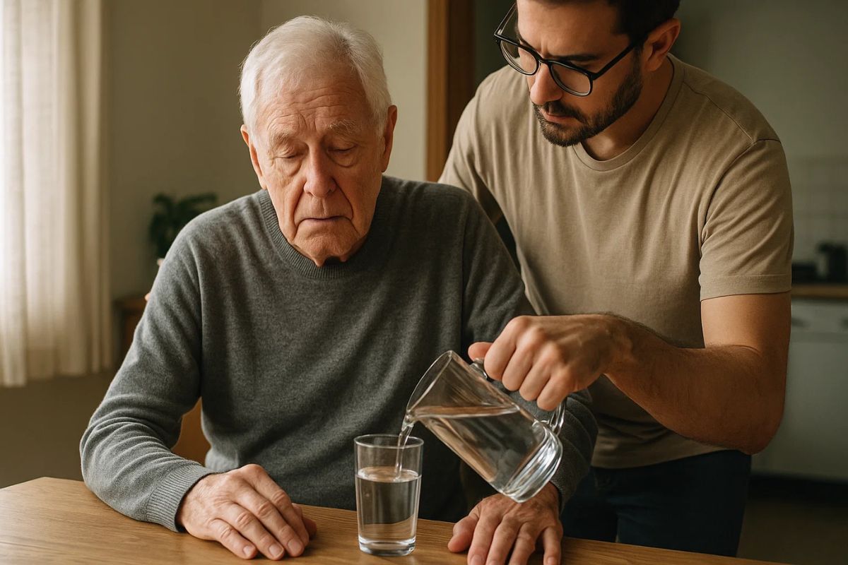 Um aposentado auxiliado na hora de beber água