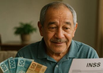 Um senhor com dinheiro na mão e a documentação do INSS para ar entrada na aposentadoria 2026