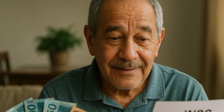 Um senhor com dinheiro na mão e a documentação do INSS para ar entrada na aposentadoria 2026