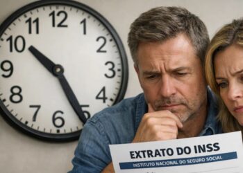Um casal olha o extrato do INSS e pensa na aposentadoria para quem tem menos de 50 anos