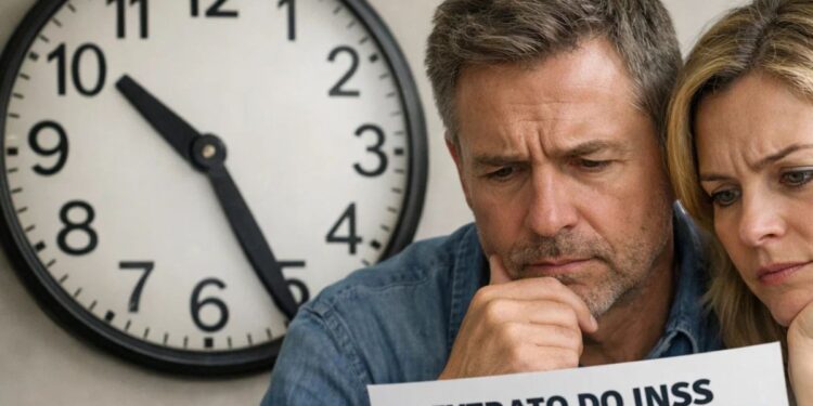 Um casal olha o extrato do INSS e pensa na aposentadoria para quem tem menos de 50 anos