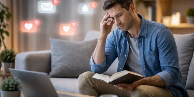 Uma pessoa no conforto da sua casa dando atenção ao livro