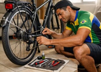 Um rapaz arrumando a bicicleta na sala de casa