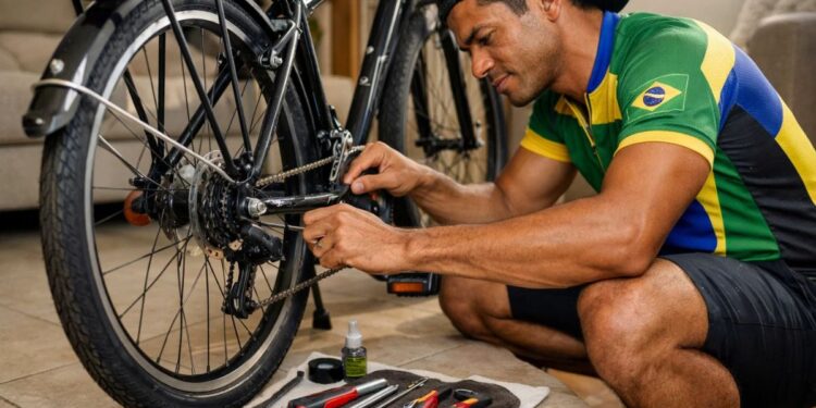 Um rapaz arrumando a bicicleta na sala de casa