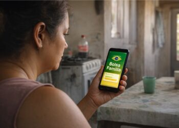 Uma mulher olhando o aplicativo do Bolsa Família antes do bloqueio