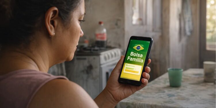 Uma mulher olhando o aplicativo do Bolsa Família antes do bloqueio
