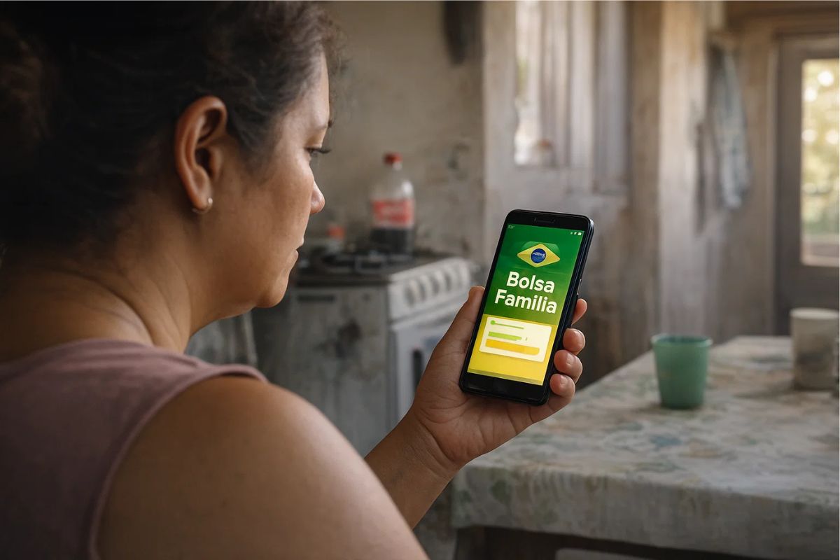 Uma mulher olhando o aplicativo do Bolsa Família antes do bloqueio