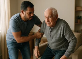 Um cuidador de idoso que recebe o Bolsa Familiar ajudando um idoso