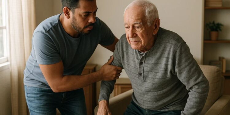 Um cuidador de idoso que recebe o Bolsa Familiar ajudando um idoso