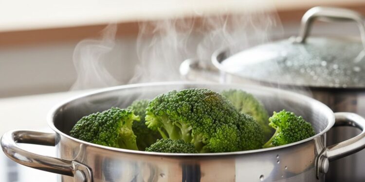 Brócolis em uma panela sendo cozinhado