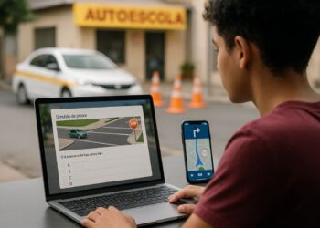 Um jovem estudando para tirar a CNH através do Notebook