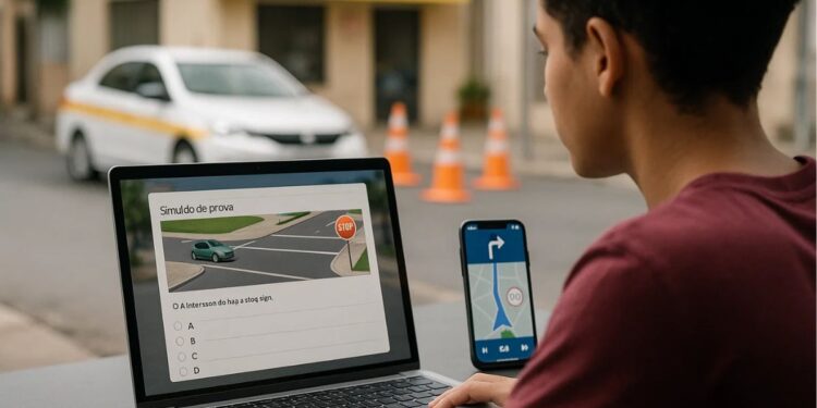 Um jovem estudando para tirar a CNH através do Notebook