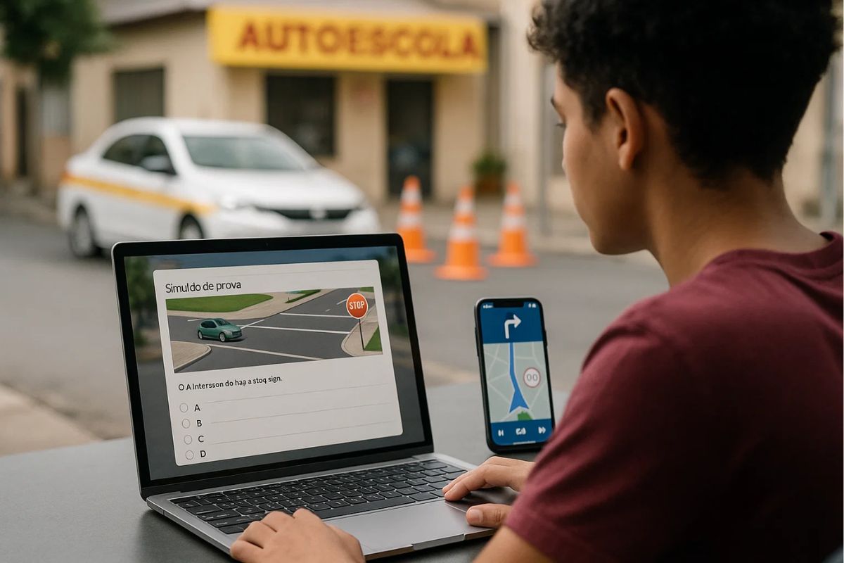 Um jovem estudando para tirar a CNH através do Notebook