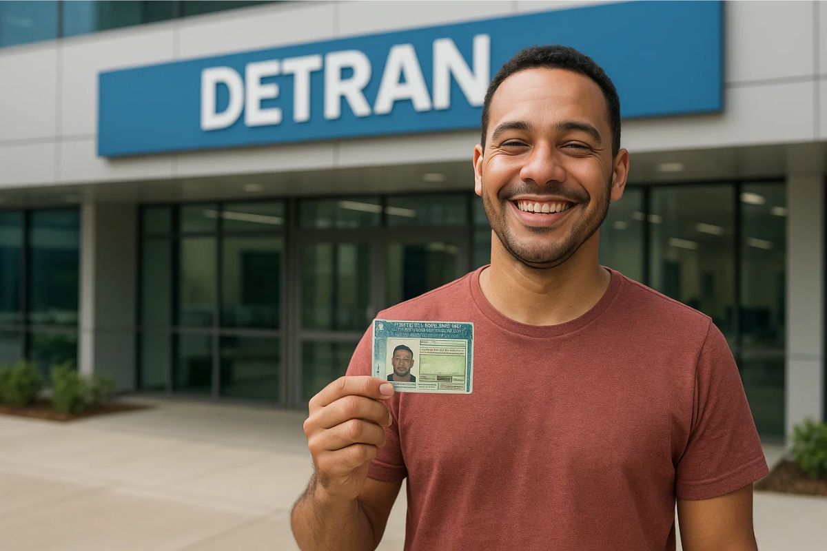Um rapaz segurando sua CNH após a renovação automática