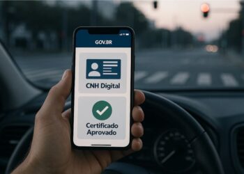 Uma pessoa com o aplicativo aberto da CNH do Brasil dentro do carro