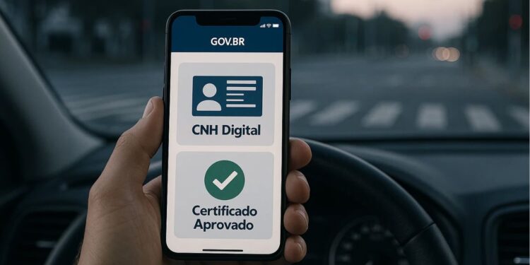 Uma pessoa com o aplicativo aberto da CNH do Brasil dentro do carro