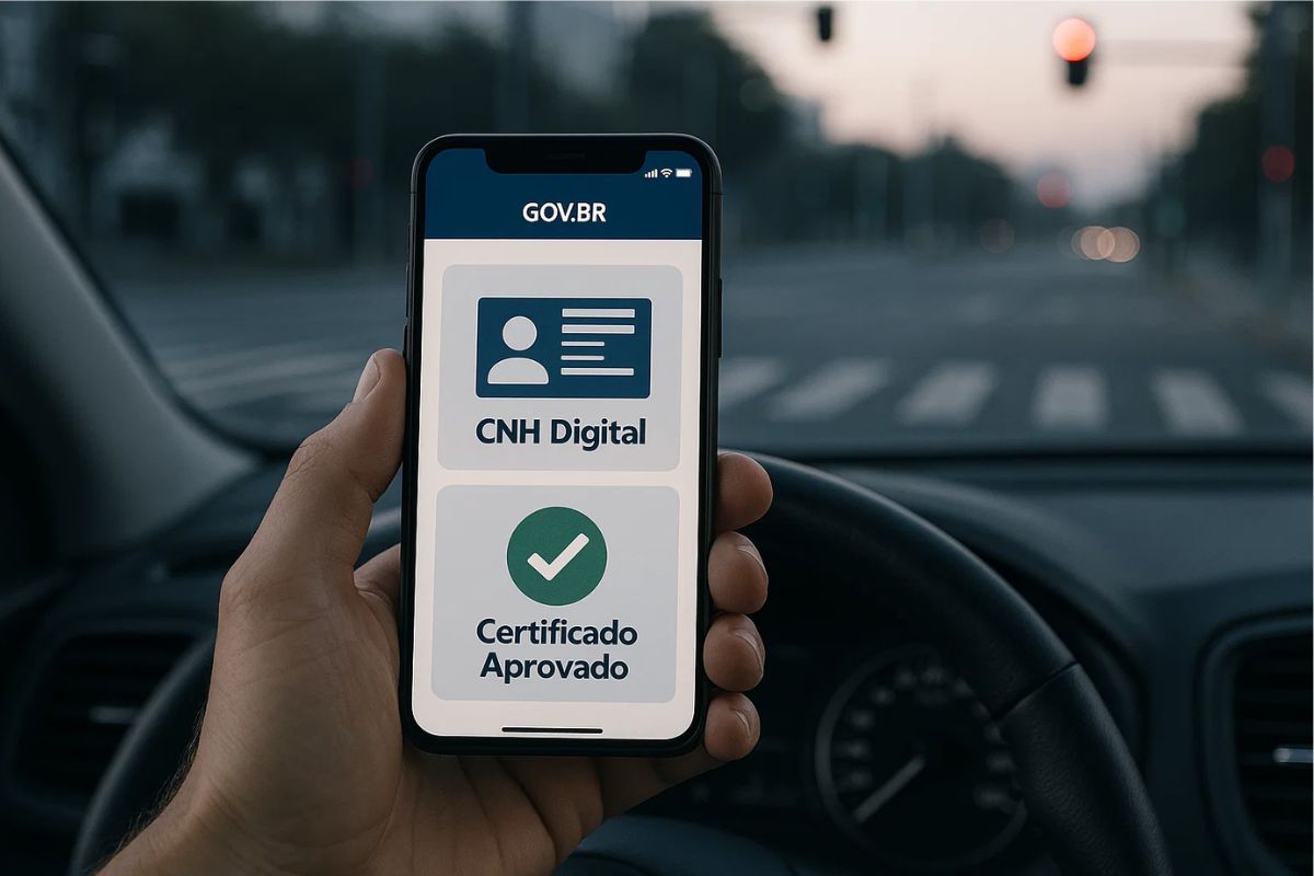 Uma pessoa com o aplicativo aberto da CNH do Brasil dentro do carro