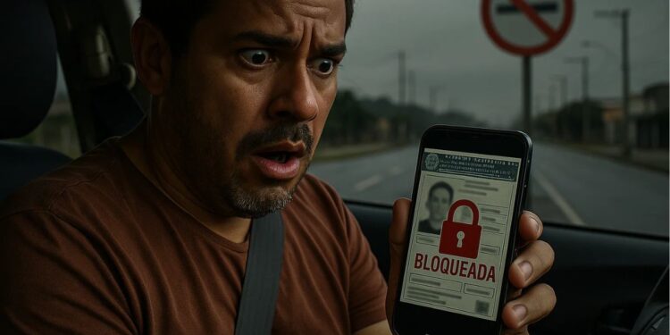Um rapaz assustado vendo sua CNH bloqueada no celular
