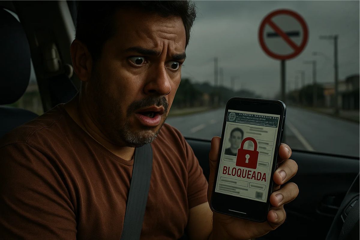 Um rapaz assustado vendo sua CNH bloqueada no celular