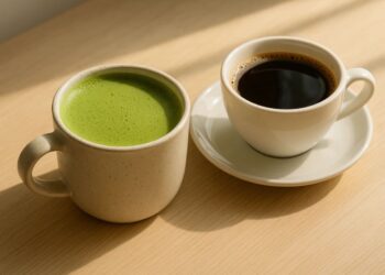 Uma xícara com café sem açúcar ao lado de um chá verde