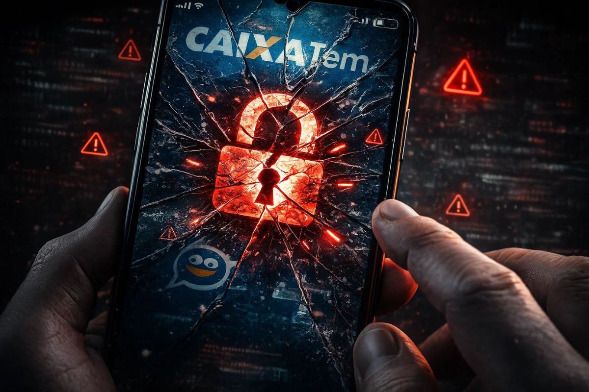 Caixa Tem em uma tela quebrada