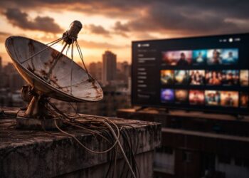 Uma antena enferrujada. Ao fundo, canais em uma televisão desfocada