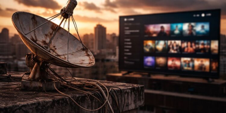 Uma antena enferrujada. Ao fundo, canais em uma televisão desfocada