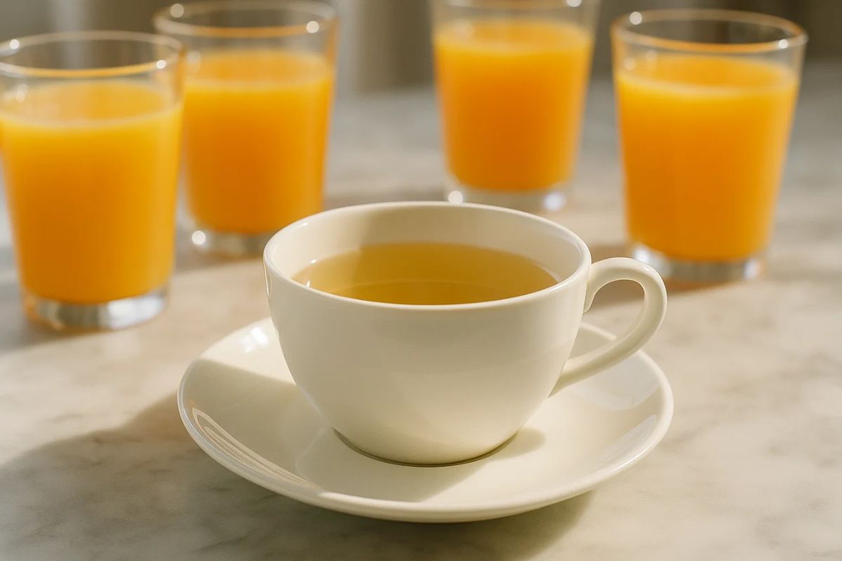 Uma xícara de chá branco, ao fundo 4 copos de suco de laranja