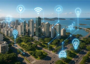 Imagem de cima de uma cidade inteligente