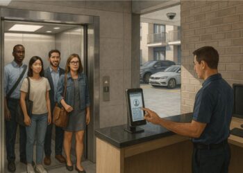 4 pessoas no elevador do condomínio