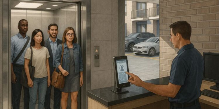 4 pessoas no elevador do condomínio