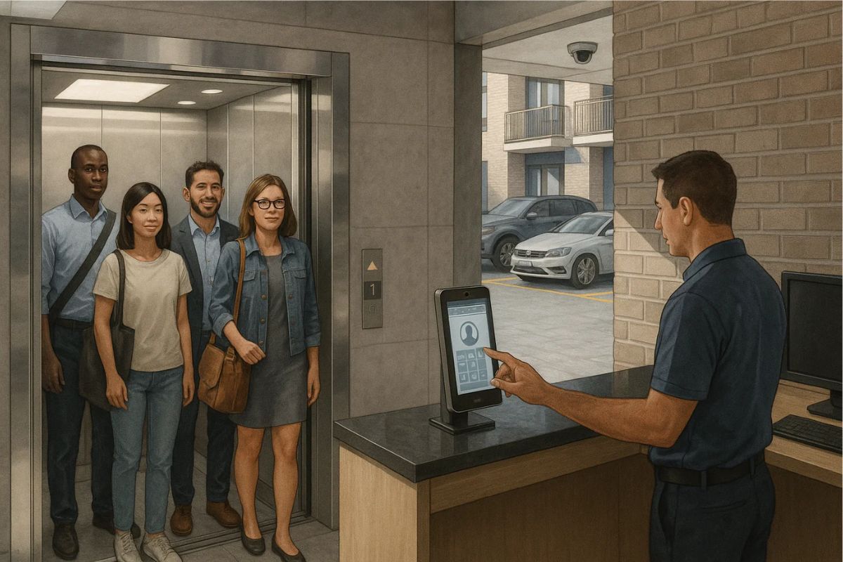 4 pessoas no elevador do condomínio