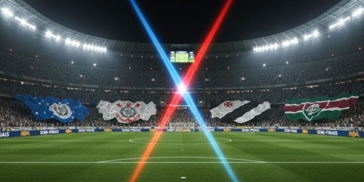 Estádio com bandeiras dos times que podem ir para as finais da Copa do Brasil
