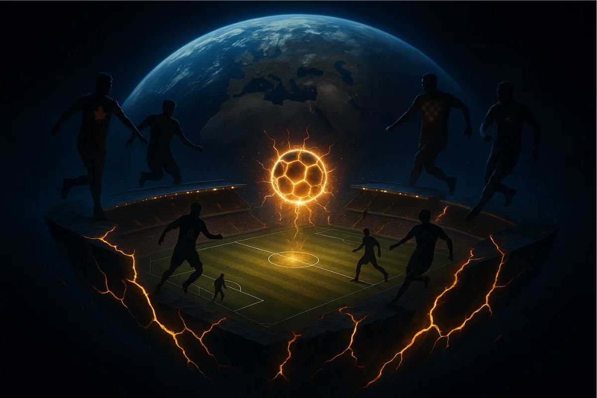 Um campo de futebol flutuante com silhueta de diferentes jogadores