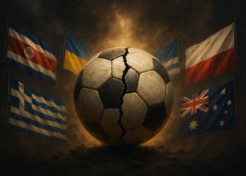 Imagem ilustrando a Copa do mundo FIFA com uma divisão da bola de futebol e bandeira de países
