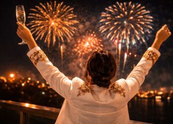 uma mulher de branco e dourado assistindo a queima de fogos após escolher suas Cores para virada 2026