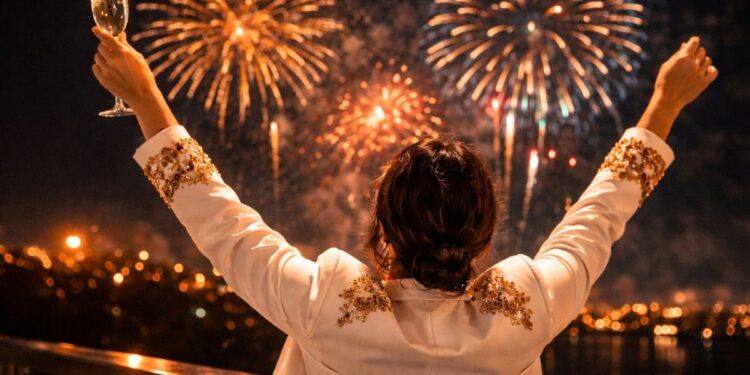 uma mulher de branco e dourado assistindo a queima de fogos após escolher suas Cores para virada 2026