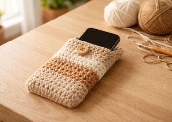 Um celular desligado dentro de uma capinha de crochê