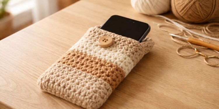 Um celular desligado dentro de uma capinha de crochê