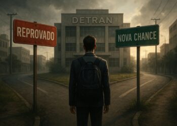 Uma pessoa diante do prédio do Detran com uma placada de "Reprovado" e "Nova chance"