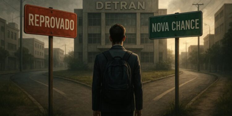 Uma pessoa diante do prédio do Detran com uma placada de "Reprovado" e "Nova chance"