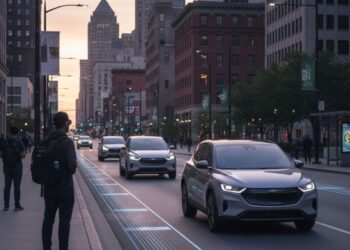 Uma rua de Detroit com carros carregando automaticamente