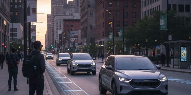 Uma rua de Detroit com carros carregando automaticamente