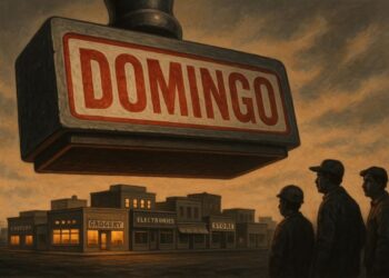 Trabalhadores ao lado de um carimbo de "domingo"